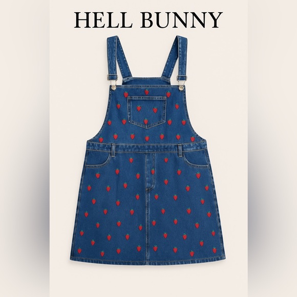 Hell Bunny 5X Strawberry Embroidered Denim Overall Pinafore Dress Rockabilly - Picture 1 of 8